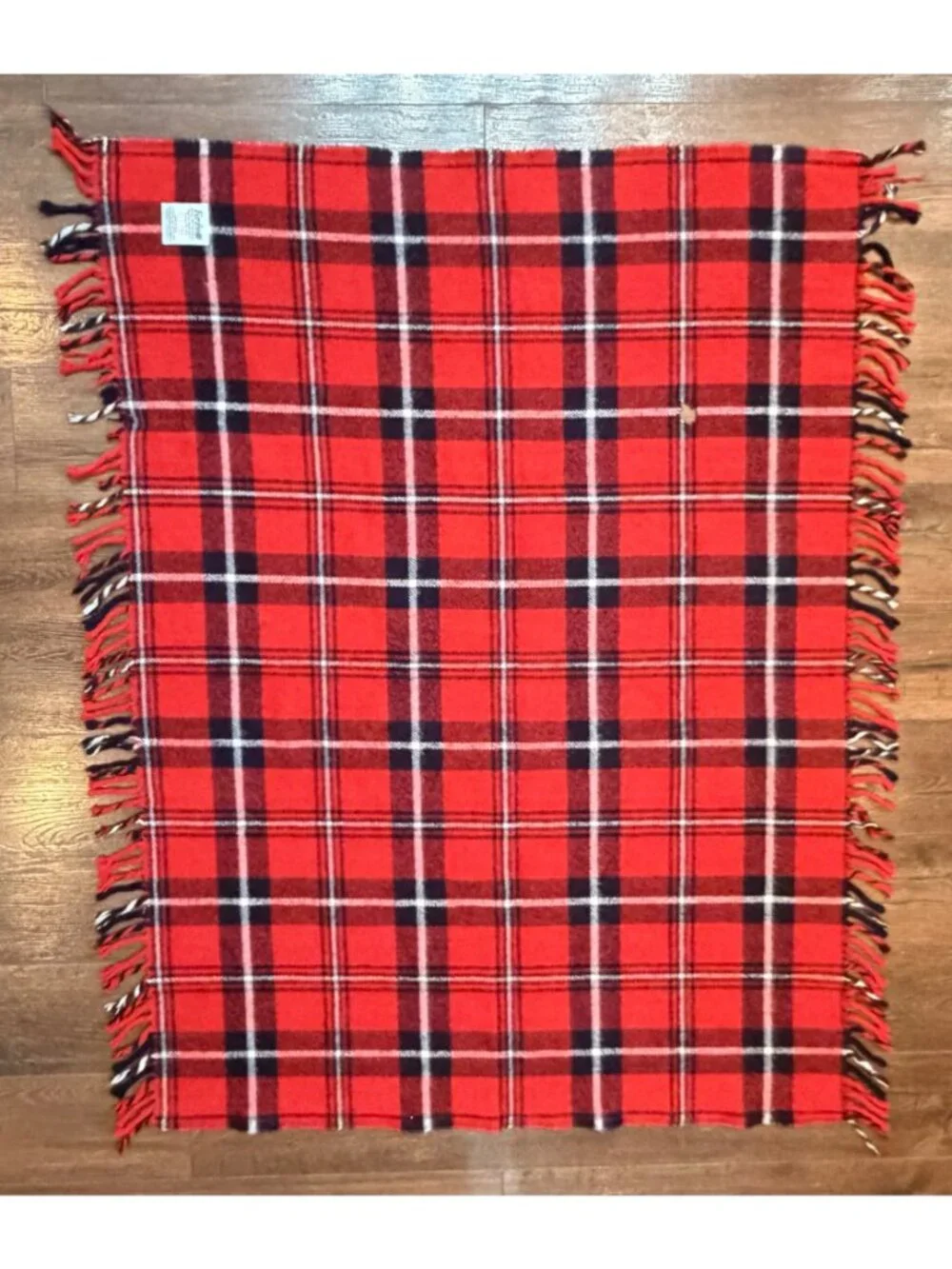 Vintage 1970s Faribo Red & Black Plaid Acrylic Throw Blanket With Fringe - Made